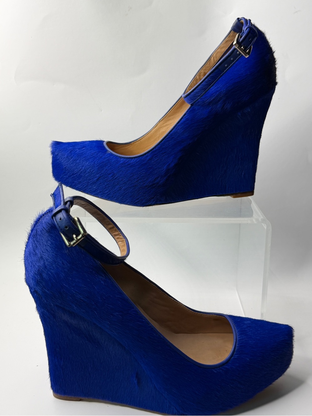 Ann Taylor Vibrant Royal Blue Faux Fur Wedge Pumps with Ankle Strap